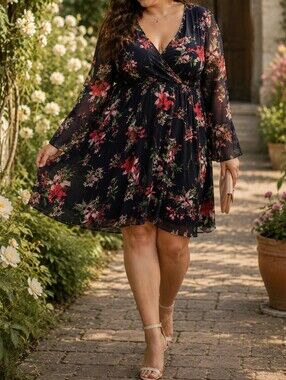 New Look Plus Size Navy Floral Wrap Dress | Long Sleeve Surplice V-Neck Chiffon